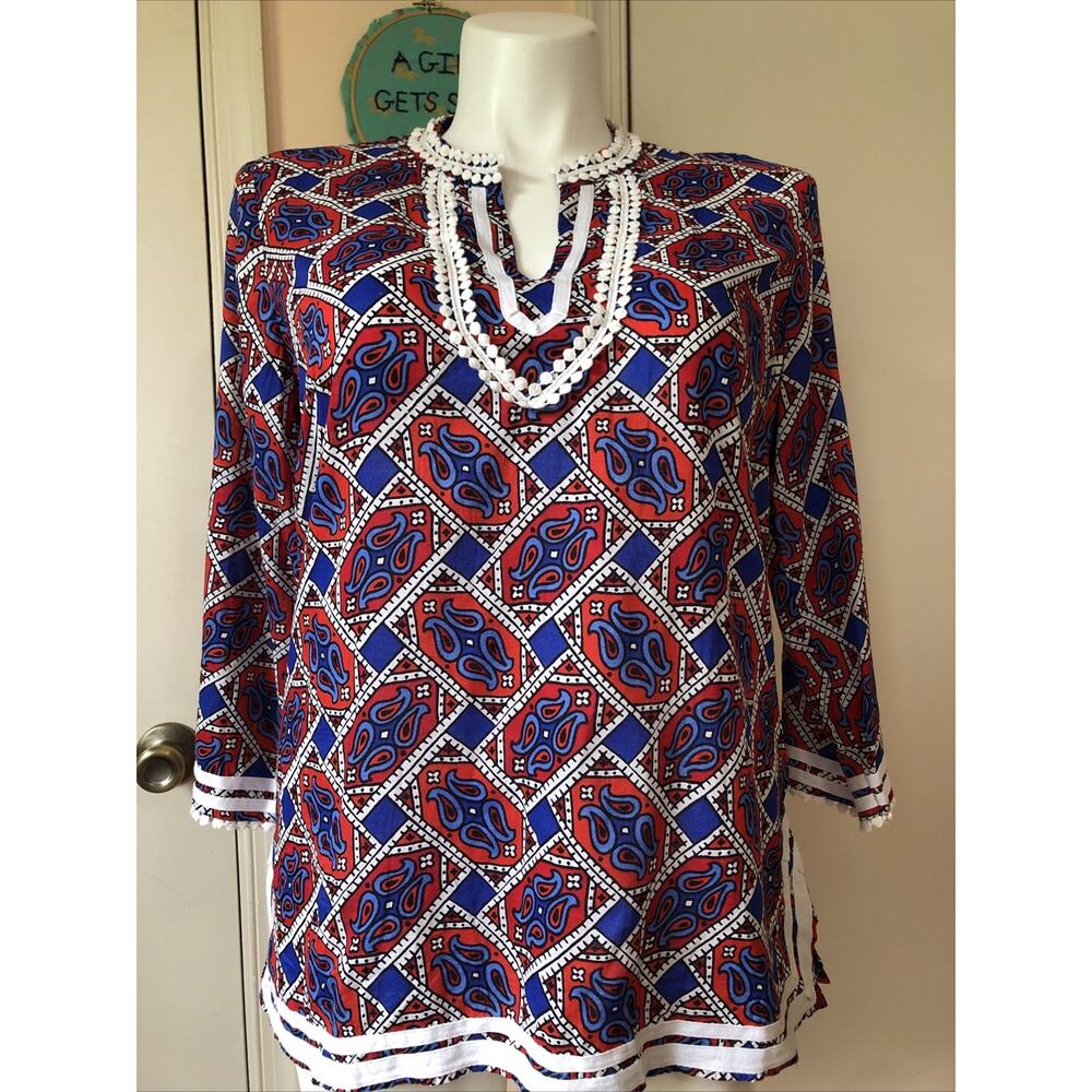 Talbots Tunic Top Large 3/4 Sleeve Split V Neck Paisley Boho Blue Red White